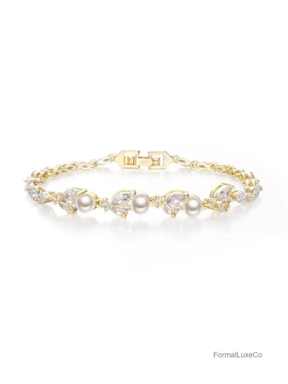 Simulated Pearl CZ Leaf Tennis Bracelet Women Bride Wedding